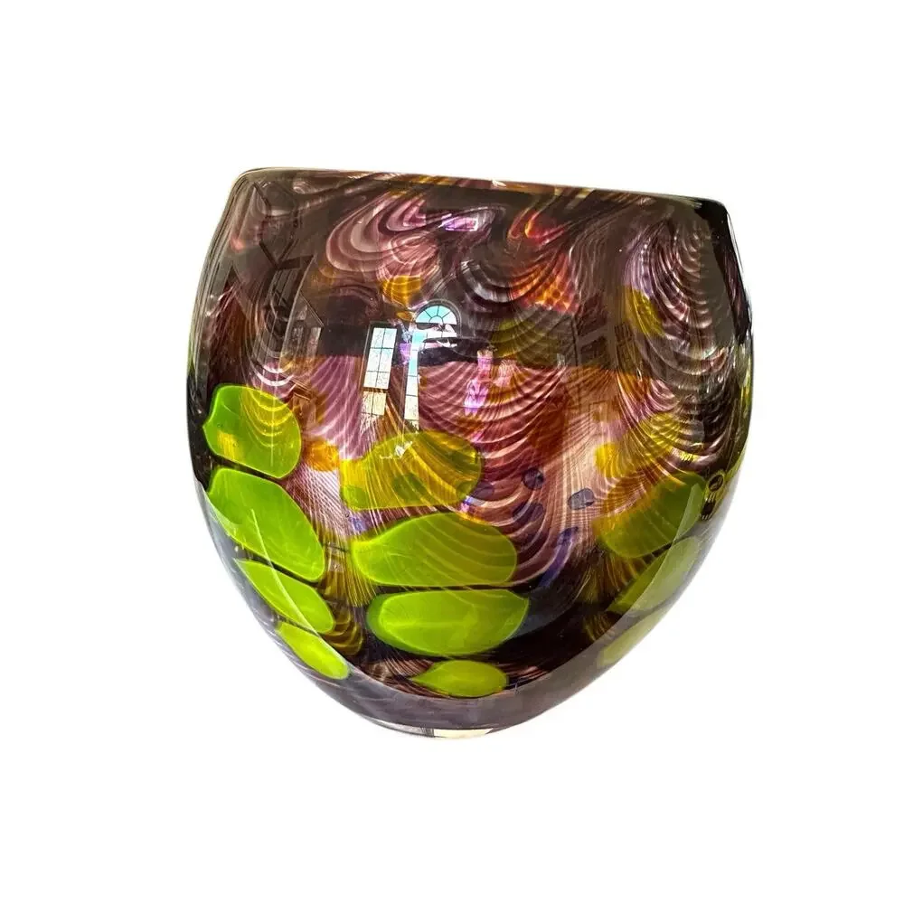 Heavy Handmade Art Glass Vase Green Dots Purple Swirls & Yellow 7.5” x 7”